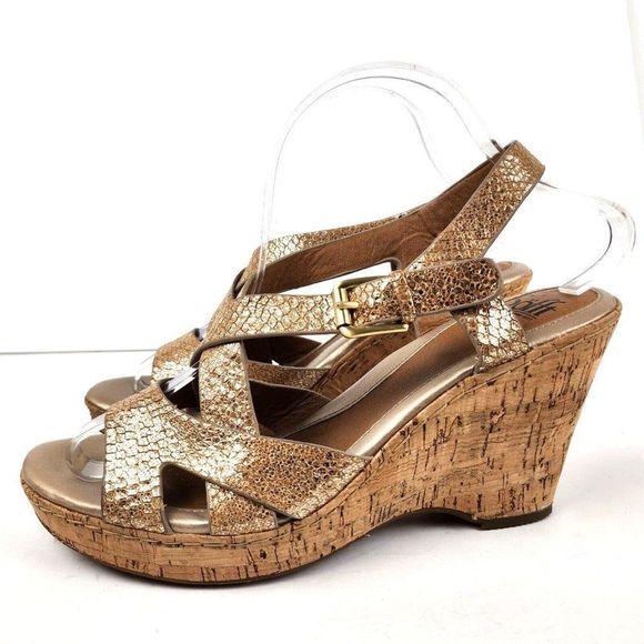 Sofft Cork Gold Metallic Reptile Strappy Leather Cork Wedges Comfort Sandals 10M - Picture 3 of 8